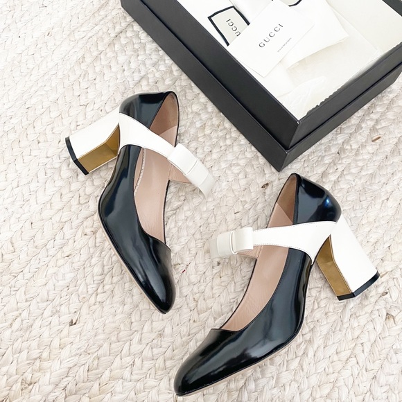 Gucci Shoes - Gucci Bow Mary Jane Black White Heels Pumps